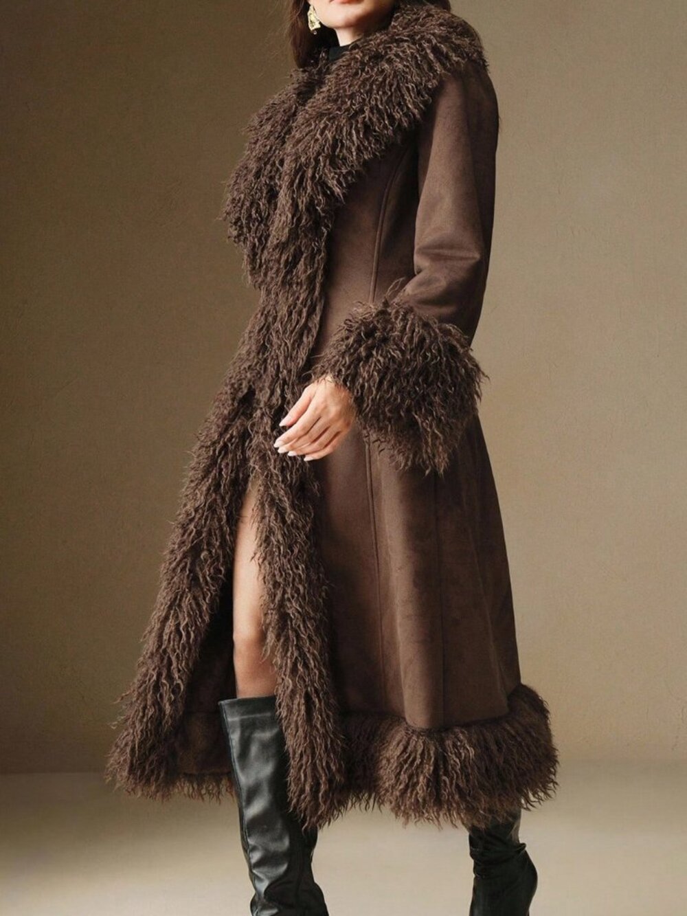 Brown Elegant Women's Contrast Faux Fur Pockets Midi Coat